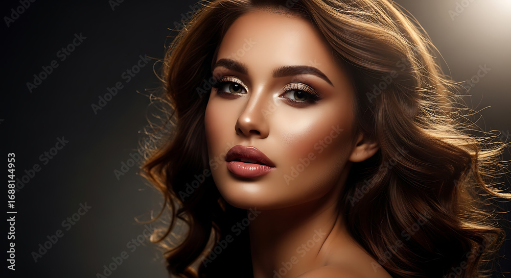 Fototapeta premium A glamorous portrait of a young woman with voluminous, wavy brown hair and expertly applied makeup, showcasing her radiant skin and captivating gaze against ...