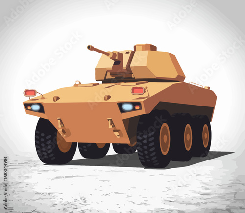 A stylized illustration of a modern armored vehicle showcasing its sleek design, powerful turret, and rugged tires, emphasizing military innovation and mobility.
