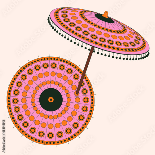 A decorative traditional umbrella designed with bright colors and intricate patterns, representing cultural craftsmanship and adding a festive touch to outdoor events and celebrations.