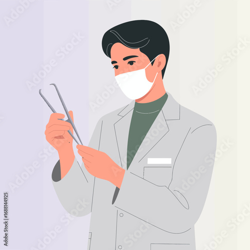 A dental professional in a medical coat and mask examines dental tools, highlighting the importance of oral health and hygiene in a clinical setting for patient care.
