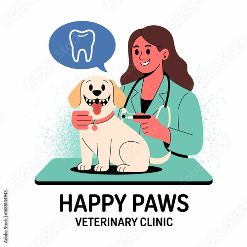 At Happy Paws Veterinary Clinic, a smilingdog is getting a dental checkup, showcasing the importance of regular pet care in a friendly and welcoming environment.