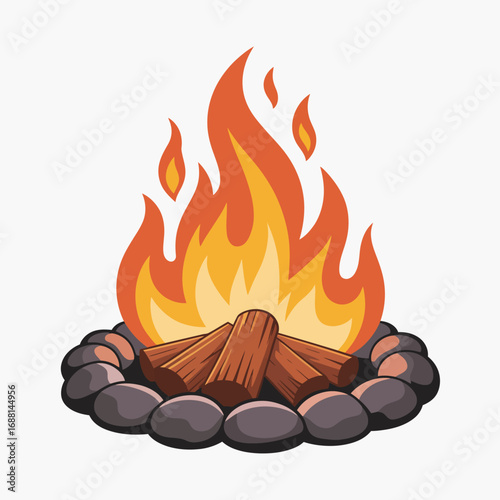 An artistic depiction of a campfire blazing high amidst circular stones and tree logs, emphasizing adventure, warmth, and the joy of outdoor experiences.