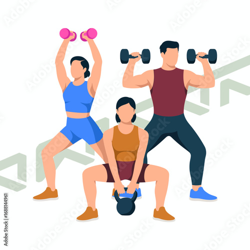 This image captures fit individuals engaging in weightlifting exercises with a kettlebell and dumbbells, emphasizing teamwork and collective fitness motivation in a contemporary setting.