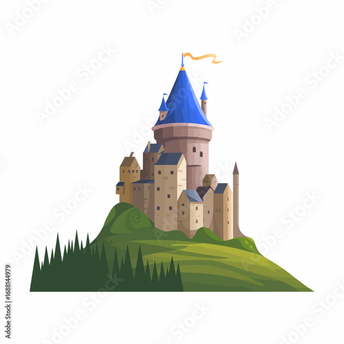 An adorable castle with a blue roof rests peacefully on a hill, surrounded by lush trees, portraying a whimsical atmosphere that invites visitors to explore its enchanting beauty.