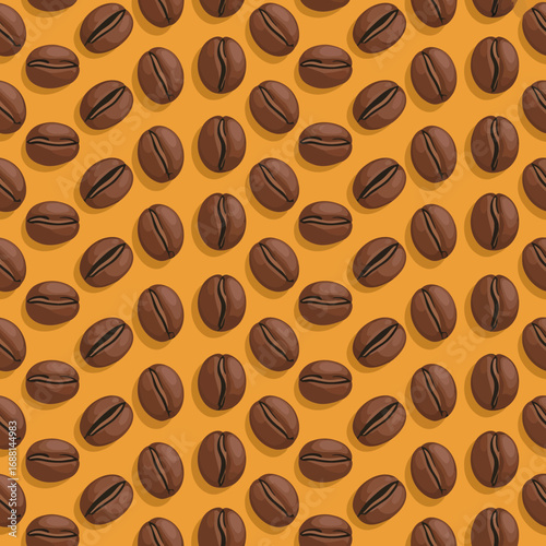 A vibrant pattern featuring assorted coffee beans against a bright orange background, ideal for coffee lovers and beverage-related themes in design.