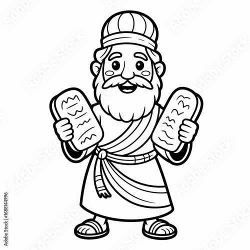 A joyful animated figure of Moses proudly displaying two tablets of law, showcasing the Ten Commandments, in a vibrant and colorful cartoon illustration.