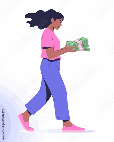 A confident woman walks with stacks of cash in her hands, showcasing prosperity and financial success, highlighting themes of wealth and empowerment in a modern setting.