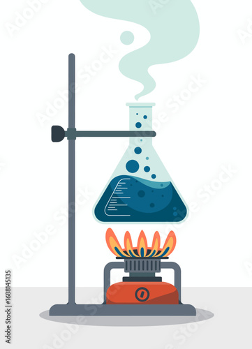 A visual representation of a blue laboratory flask with steam escaping above a heating element, illustrating the dynamics of chemical reactions during experiments.