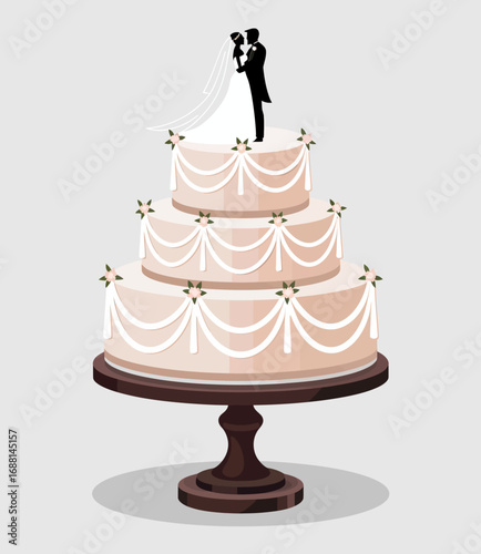 A beautifully designed wedding cake featuring delicate floral decorations and an elegant couple figurine, symbolizing the unity and joy of marriage on a special day.