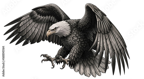 Detailed illustration of a majestic bald eagle in powerful flight, its large wings spread wide and talons extended.