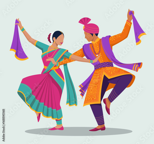 A dynamic couple joyfully dancing with colorful scarves, showcasing the beauty of traditional attire and a sense of celebration and cultural expression through their movements.
