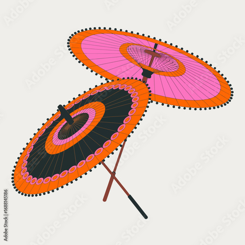 This vibrant image showcases two beautifully crafted umbrellas featuring intricate patterns and bright colors, symbolizing cultural artistry and celebration.