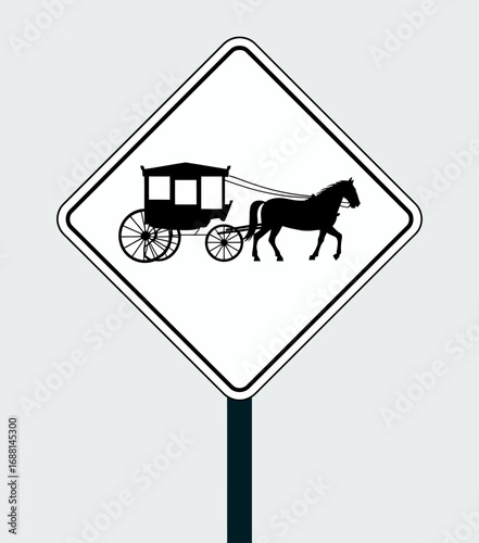 A minimalist traffic sign showing a horse-drawn carriage, aimed at alerting drivers about equestrian traffic, emphasizing safety in a serene rural environment.