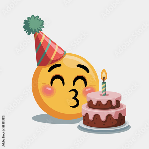 This iconic emoji character with a joyful face plants a kiss next to a delectable cake with a candle, representing the joy and significance of birthdays and celebrations.