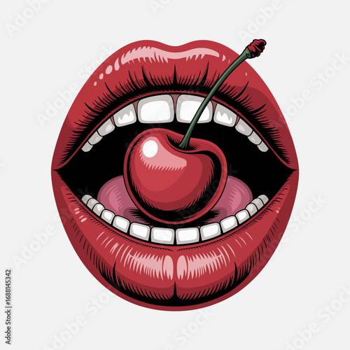 An alluring image showcasing a pair of luscious red lips holding a vibrant cherry, symbolizing sweetness, sensuality, and the captivating allure of desire.
