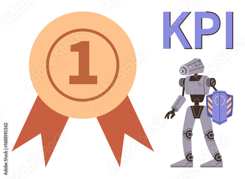 Gold medal with number one, robot holding shield, KPI text emphasizing success, metrics, and goals. Ideal for technology, achievement, AI, analytics business performance security themes simple