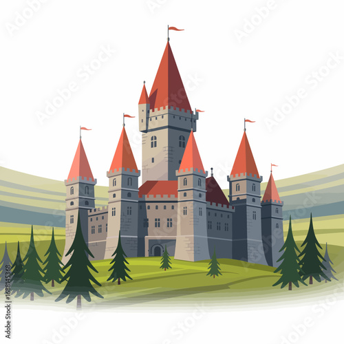A captivating digital art piece showcasing a magnificent castle perched on rolling green hills, featuring stone walls, red roofs, and a backdrop of serene landscapes.