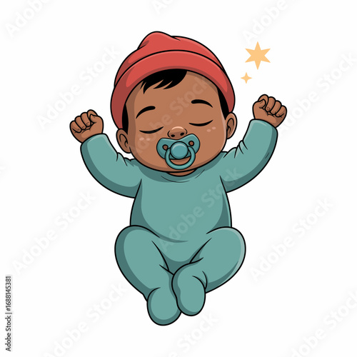 An adorable baby peacefully sleeping with a pacifier and wearing a cozy red hat, radiating warmth and innocence in a delightful illustration.