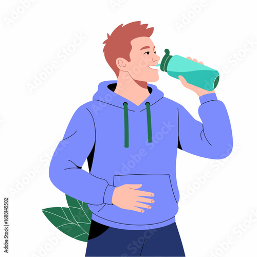 A smiling young man in a blue hoodie drinks from a turquoise bottle, showcasing a positive emotional state and promoting the importance of hydration and well-being.