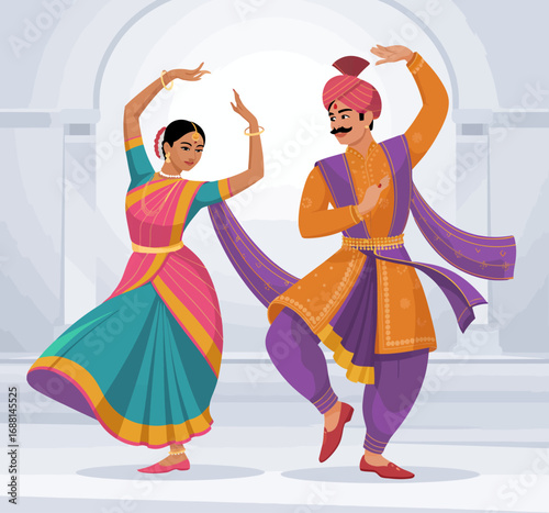 An exuberant traditional dance performance featuring a couple in colorful attire and flowing drapery, celebrating culture, creativity, and the spirit of joy through movement.