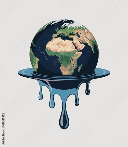 An illustrated representation of a globe melting into water, symbolizing the ongoing climate crisis, and reminding viewers of the impact of our actions on the environment.