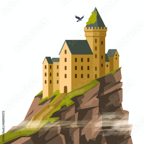 A timeless castle situated on a rocky hill, gracefully surrounded by mist, evoking a sense of mystery and nostalgia reminiscent of ancient tales and folklore within breathtaking nature.