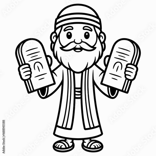 An animated depiction of Moses joyfully presenting two stone tablets with the Ten Commandments, set against a whimsical and cheerful background.