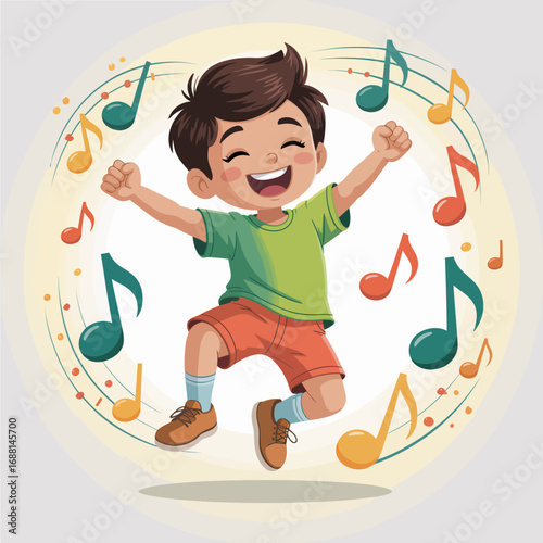 An excited young boy jumps in delight, surrounded by colorful musical notes, symbolizing the joy and freedom of childhood and the power of music in expressing happiness.