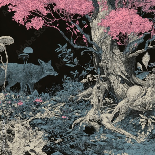 Fox under a pink tree, dark forest scene