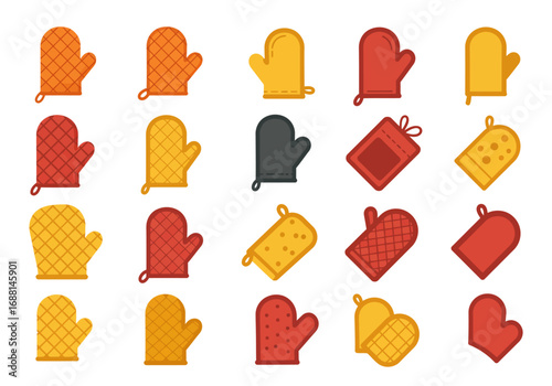 A collection of oven mitts varying in color design and shape
