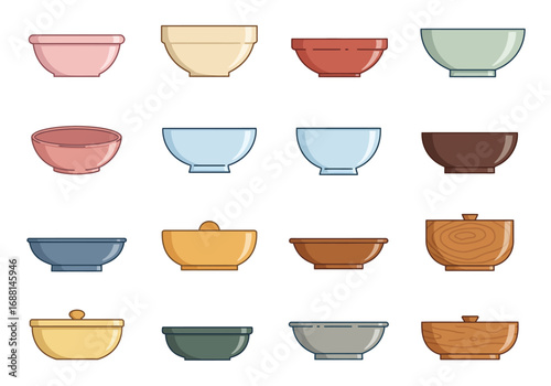 A grid of twelve stylized bowls each a different color and design