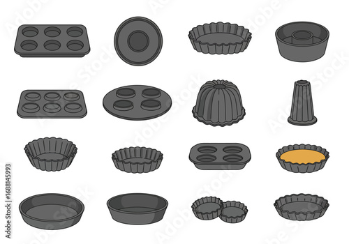 An array of baking pans muffin tart cake and bundt pans are present