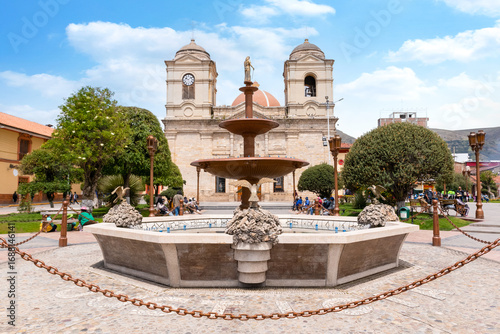 Religious architecture and public space: Huancayo Cathedral next to the Plaza Constitución and its fountain.