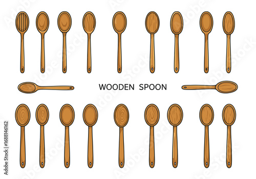 An array of wooden spoons displayed in two rows with two horizontal spoons in the middle and Wooden Spoon caption