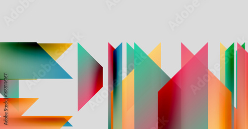 Abstract geometric shapes overlap, creating vibrant color blocks. Composition feels modern, dynamic, minimalist. Soft gradients enhance visual interest.