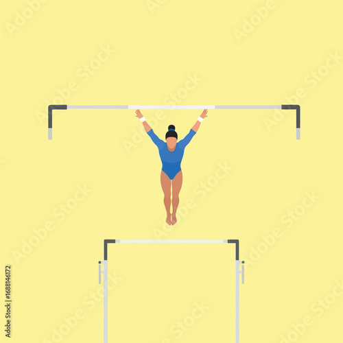 A gymnast in a blue leotard performs a routine on the uneven bars, mid-air.