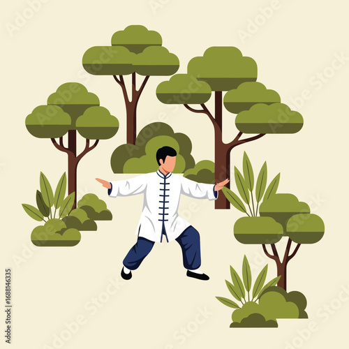 A man practices Tai Chi in a stylized outdoor setting with trees and bushes.