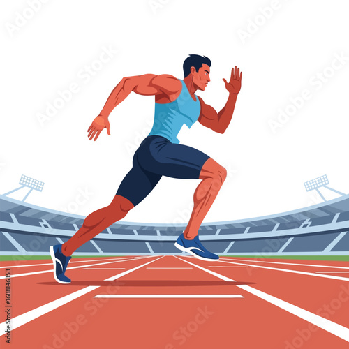 Muscular man sprints on a running track in a stadium, focused on speed and athletic performance.