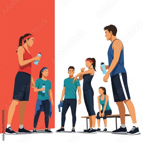 Group of people exercising and hydrating with water bottles after a workout in a gym setting.