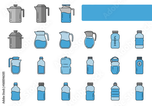 Assorted drink containers including pitchers pots and plastic water bottles presented in a neat grid layout