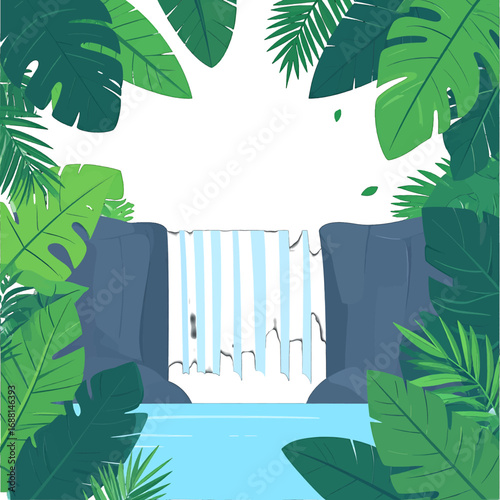 Lush Tropical Waterfall Illustration With Verdant Green Foliage and Tranquil Blue Water in Natural Setting in Flat Style Nature