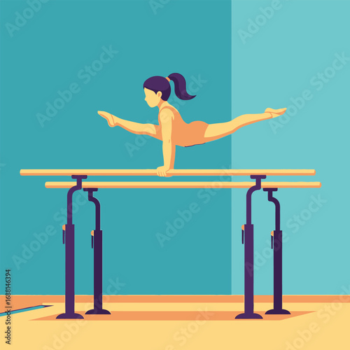 Gymnast performing a split on parallel bars in a stylized, flat illustration with teal and beige colors.