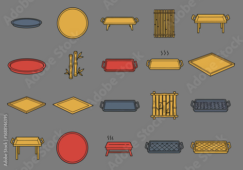 Assorted kitchenware dishes trays bamboo racks in various shapes and colors isolated on a gray background