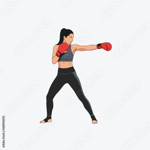 A female boxer in a fighting stance,  ready to deliver a punch.