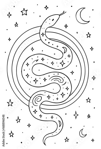 Star Serpent Across Celestial Rings Outline Coloring Page for Cosmic Fantasy Coloring Art