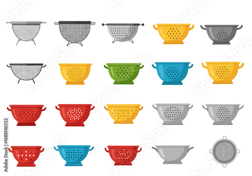 Assortment of colorful kitchen colanders in various styles arranged in rows