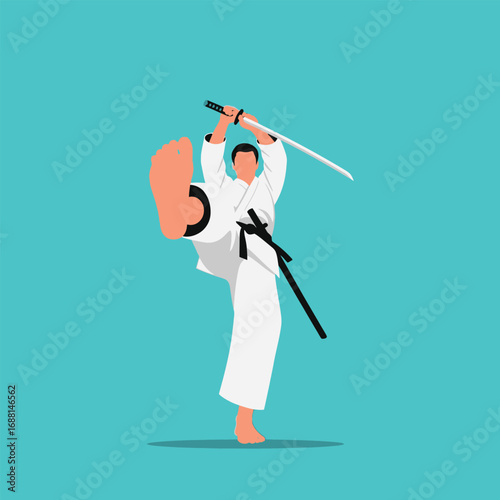 A stylized illustration of a martial arts practitioner performing a karate or kendo technique with a katana.