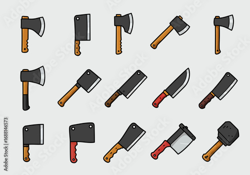 Cartoon array of axes and cleavers with varied blade designs and handle colors arranged against a light background
