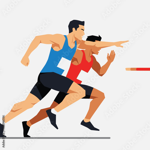 Two athletes in mid-stride during a relay race, approaching a finish line.