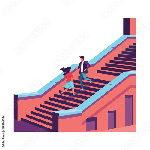 A man and woman ascend a grand staircase, collaboratively striving towards a shared goal.